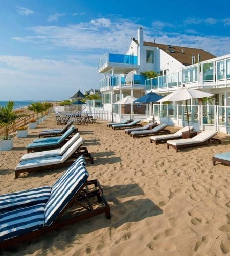 Lounge chairs on a sandy beach on a blue sky day