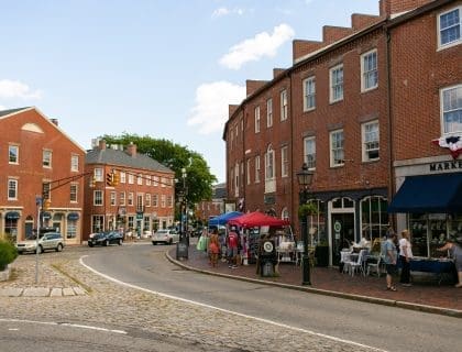 A Quaint Street with Red Brick Buildings in Downtown Newburyport MA