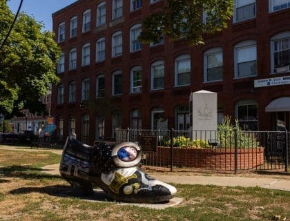 Art installation in Downtown Haverhill, MA Representing Haverhill's Roots in the Shoe Industry
