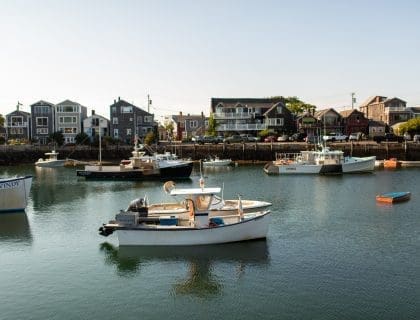 View from the Water Overlooking Boats and Rockport MA Town