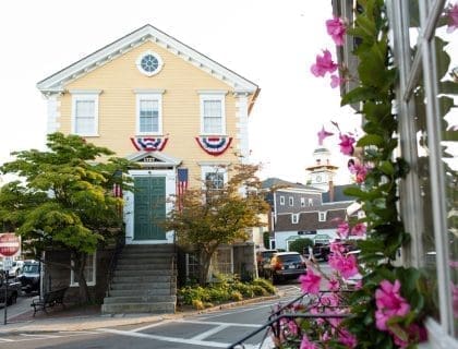 Marblehead MA Old Townhouse Surrounded by Pink Flowers