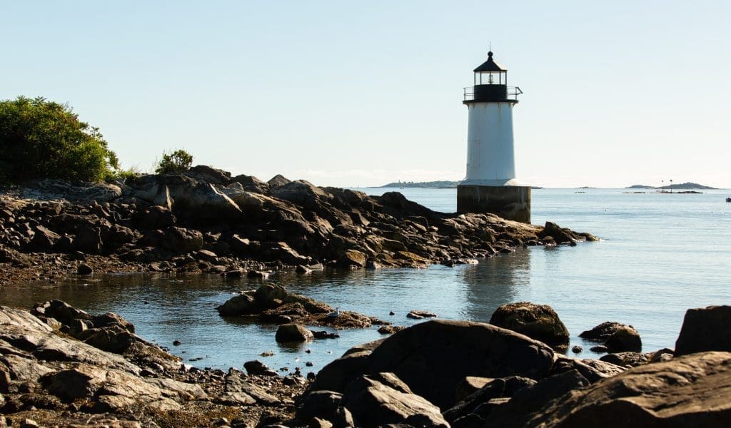 View of Fort Pickering Lighthouse at Winter Island Maritime Park in Salem MA