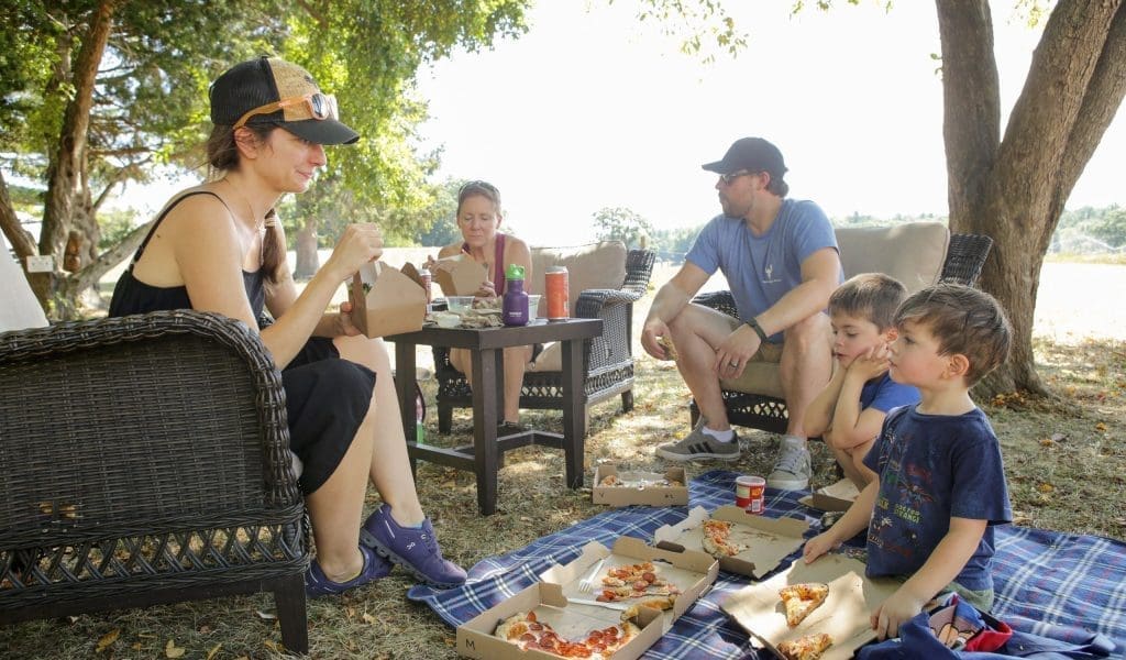 Family Enjoying Pizza at Appleton Farms in Hamilton MA