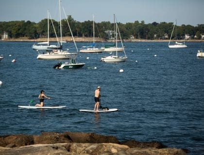 Boats and Two Paddle Boarders in the Water by Salem Willows in Salem MA