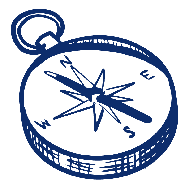 A navy blue sketch drawing of a compass