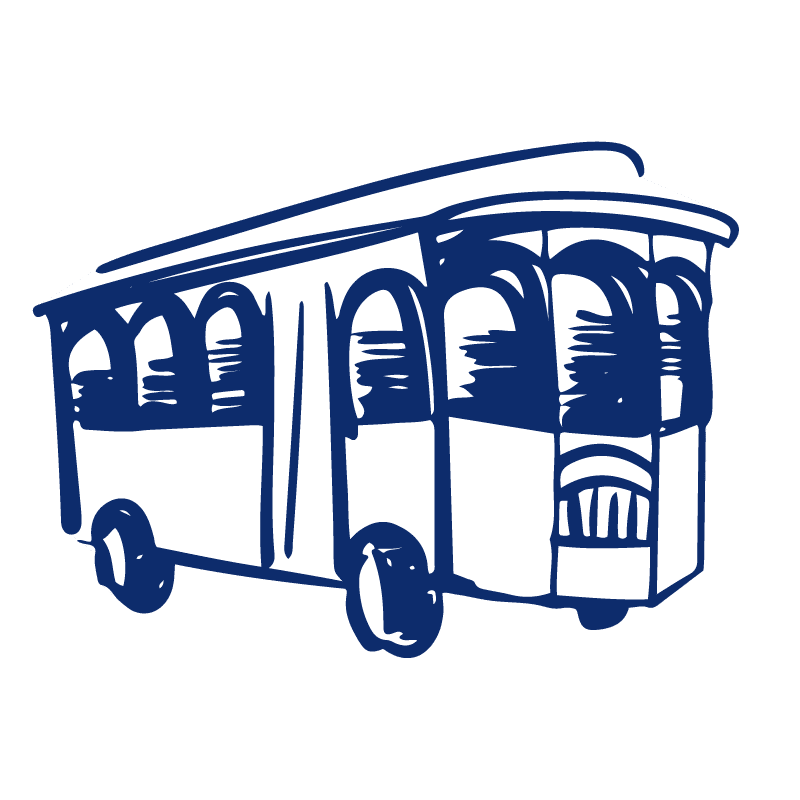 Navy blue sketch of a tourist trolley