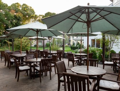 Patio with Green Umbrellas and tables