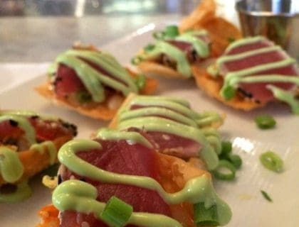 A close up of fresh Asian Tuna Nachos from Turner's Seafood in Salem, MA.