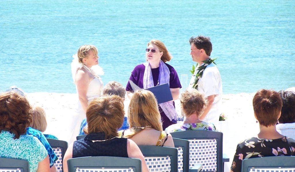 Gerry Hildebrand officiates a wedding at the beach