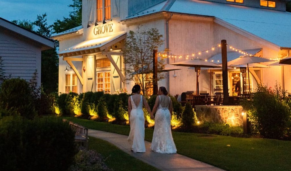 Two brides walking holding hands at dusk